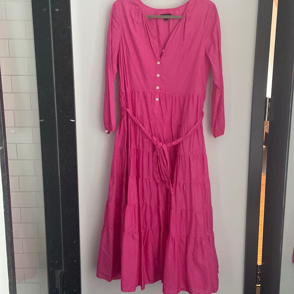 JCREW Belted Button-up Maxi Pink Tiered Cotton Dress
